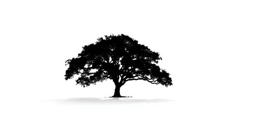 Single, majestic tree silhouetted against a pure white backdrop, green, oak