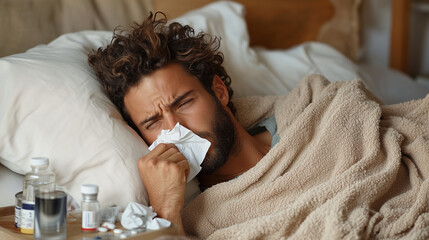 A sick man wrapped in a blanket lies in bed, holding a tissue with medicine bottles on the bedside table.