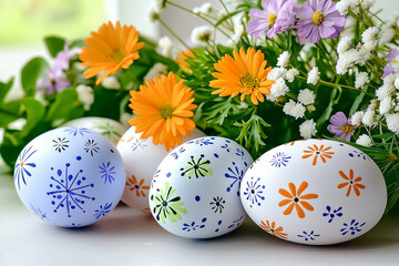 Fototapeta premium Decorative Easter eggs with floral patterns next to a vibrant flower arrangement in a cozy setting