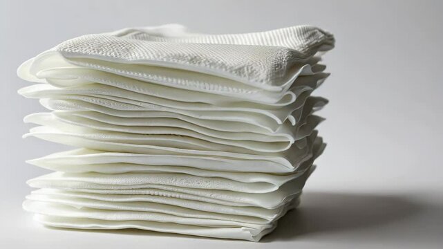 A neatly stacked pile of white absorbent pads, designed for hygiene and cleanliness.