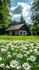 Daisies Bloom Near Lakeside Cottage.