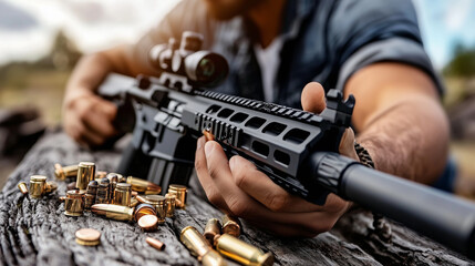 Person holds a tactical rifle with a scope, surrounded by bullets on a wooden surface during an outdoor setting.