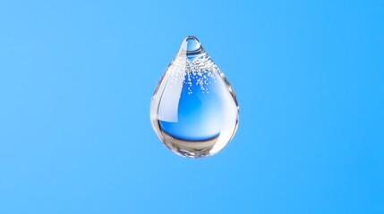 Water drop suspended in air against a vivid blue background