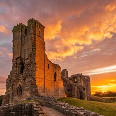 Obraz premium Ancient castle ruins at sunset with dramatic sky and vibrant colors, historical landmark, peaceful atmosphere