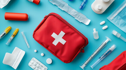 A top view of a red first aid kit bag on a blue surface, surrounded by medical supplies.
