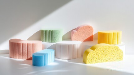 A set of colorful biodegradable cleaning sponges, placed on a white surface, on a white isolated background