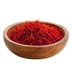Fototapeta premium Saffron Flower spice in wooden bowl PNG, transparent isolated background. Ground spices, vibrant vivid colorful cooking seasoning ingredient, food flavour