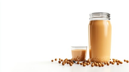 A bottle of plant-based milk, placed beside a glass with a pour, on a white isolated background