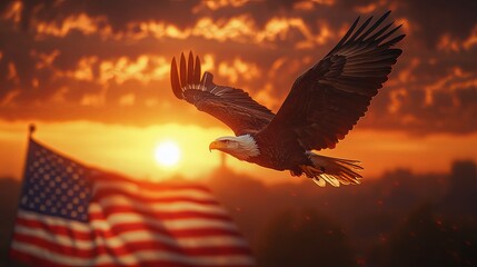 Obraz premium Bald eagle soaring against a vibrant sunset with an American flag in the foreground