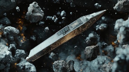 Futuristic spacecraft navigating a meteor shower in deep space.  Intricate design, metallic gray hull, and rocky debris surround the vessel