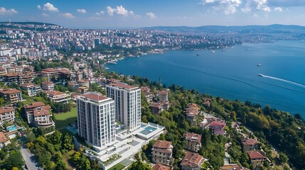 Fototapeta premium Executive Development in Marble Palace Overlooking Scenic Sky and Sea