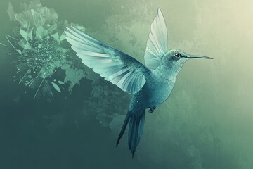 A teal hummingbird in flight, depicted with artistic flair against a textured, green backdrop.