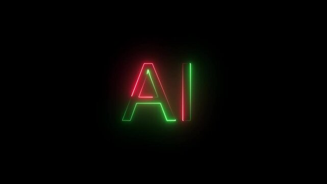 neon flicaring  AI text sign animation on dark background. 