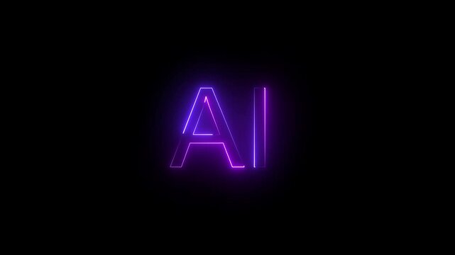  neon flicaring  AI text sign animation on dark background. 