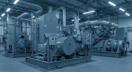 Fototapeta premium Industrial Power Backup Room Featuring Two Operational Diesel Generators 
