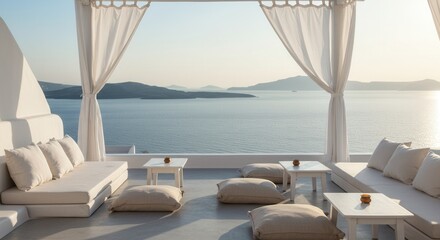 Fototapeta premium Relaxing Lounge with Ocean View in Santorini, Greece at Sunset