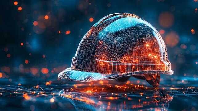 Digital representation of a construction helmet with glowing lines and particles in a futuristic environment