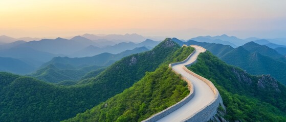 Winding Road Along Mountainous Chinese Wall at Sunrise