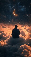 Obraz premium Person Sitting on Clouds with Moon in Background, Abstract Image, Texture, Pattern Background, Wallpaper, Cover and Screen for Smartphone, PC, Laptop, 9:16 and 16:9 Format