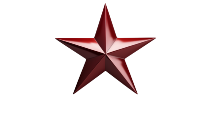 Red Five-Pointed Star Shiny 3D Design, Metallic Award for Success Symbols, isolated on transparent background.