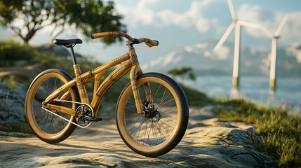 Fototapeta premium Unique bamboo bicycle alongside scenic wind turbines, selective focus