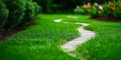 Naklejka premium Winding stone path through lush green lawn, garden flowers blurred background
