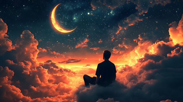 Person Sitting on Clouds with Moon in Background, Abstract Image, Texture, Pattern Background, Wallpaper, Cover and Screen for Smartphone, PC, Laptop, 9:16 and 16:9 Format