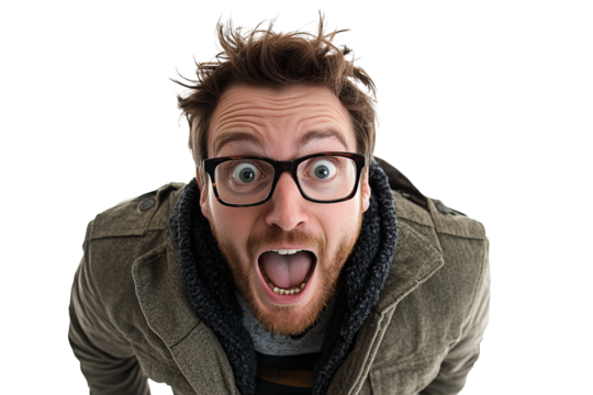 30 year old nerdy man leaning forward with mouth wide open, eyes open, jacket, on a white background