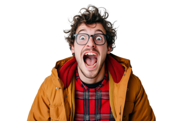 30 year old nerdy man leaning forward with mouth wide open, eyes open, jacket, on a white background