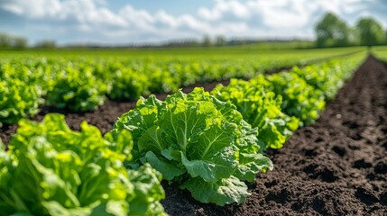 Fresh green lettuce growing in a sunny field on a clear day during spring, showcasing agricultural abundance