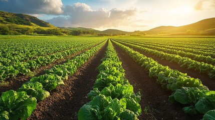 Lush green lettuce field under a radiant sunset with rolling hills in the background