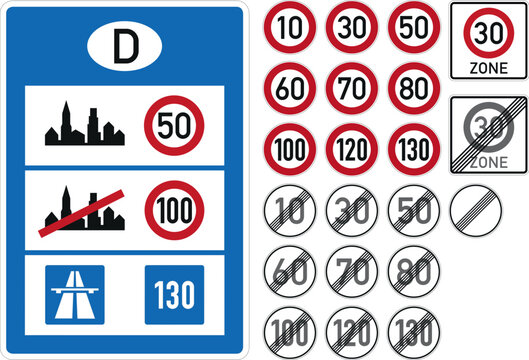 Deutsche Verkehrsschilder, Geschwindigkeitsbegrenzung und -aufhebung auf Autobahnen, Landstra&szlig;en und innerhalb von Ortschaften als Vektoren-Set