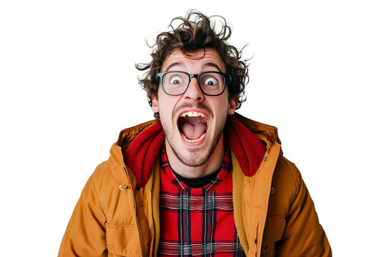 30 year old nerdy man leaning forward with mouth wide open, eyes open, jacket, on a white background