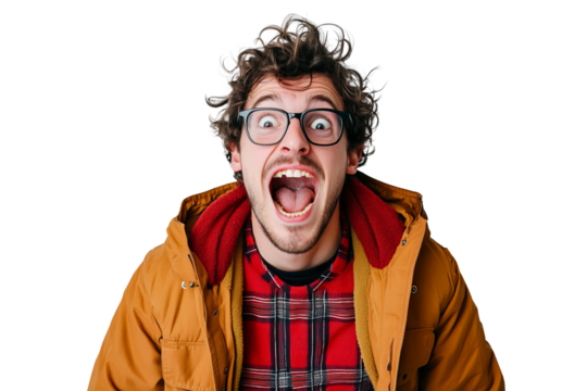 30 year old nerdy man leaning forward with mouth wide open, eyes open, jacket, on a white background