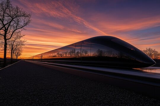 A sleek, futuristic hyperloop train glides along its track at sunset, reflecting the vibrant sky.