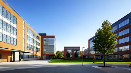 Obraz premium Modern Office Buildings With Glass And Steel Facades In An Urban Setting During Daytime With Green Grass And Trees