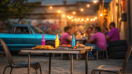 Friends enjoy a delightful summer evening, savoring delicious barbecue and good company next to a stylish lowrider. Colorful drinks and vibrant lights create a festive atmosphere