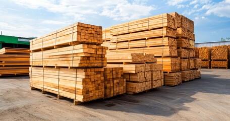 Stacked Lumber on a Sunny Day at a Wood Storage Facility
