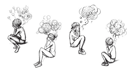 Fototapeta premium set of hand-drawn sketch of a woman girl in depression illustration