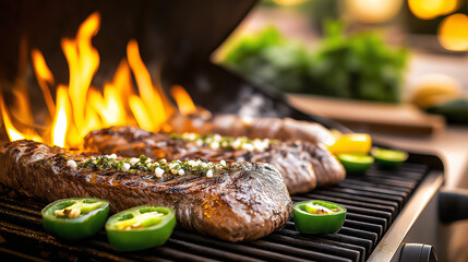 Tender carne asada sizzles on the grill surrounded by vibrant grilled limes and jalapenos. Flames dance, capturing the essence of summer gatherings among friends and delicious flavors
