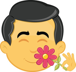 vector illustration yellow emoji character male, smelling a flower with petals