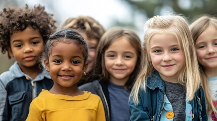 Professional image of a group of diverse primary school children standing together for education and unity