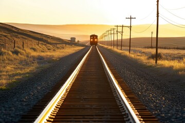 A lone train travels along a railway track at sunset across a vast, golden landscape.
