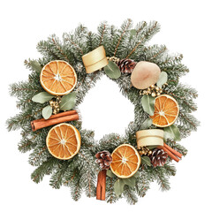 A watercolor-style Christmas wreath, combining spruce twigs, cinnamon sticks, and dried orange slices, transparent background, PNG