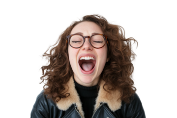 30 year old nerdy woman leaning forward with mouth wide open, eyes closed, jacket, on a white background