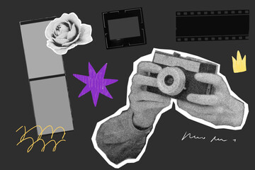 Retro photo collage board, torn film frame and halftone flower sticker, camera in hands, dark vintage. Vector template of scrapbook page