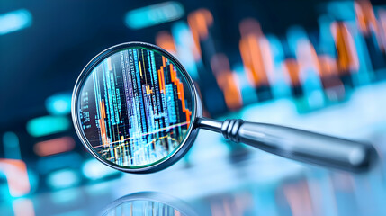 Magnifying Glass Examining Detailed Stock Market Charts With Vibrant Blue And Orange Tones In A Financial Analysis Context