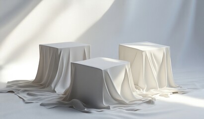 Three white cubes draped with white fabric on a white background.
