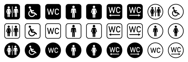 Wc toilet icons collection. Male and Female gender sign symbol. Toilet for boys, girl and disabled people sign with wc text left and right direction arrow. Lavatory concept. Vector illustration.