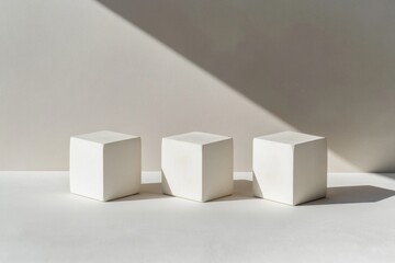 Three white cubes on a white background with sunlight shadows.